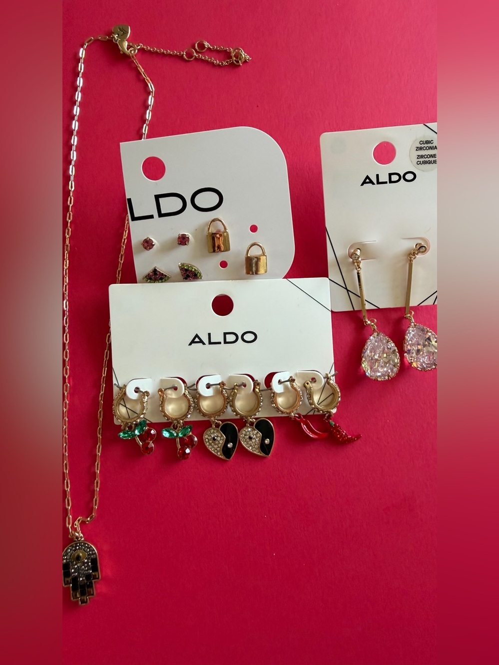 Aldo Gold-Tone Necklace Mixed Earring Set with Clear,Green, Red and Black Accent
